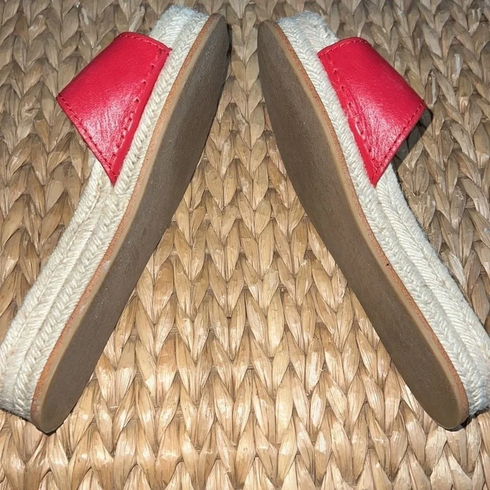 Women's ZARA Basic Red Leather Espadrlle‎ Buckle Flat Sandals Slides sz 8.5 - 39